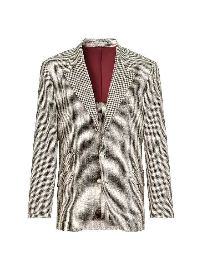 Brunello Cucinelli Men's Wool, Alpaca and Silk Houndstooth Deconstructed Cavallo Blazer - Stone Grey