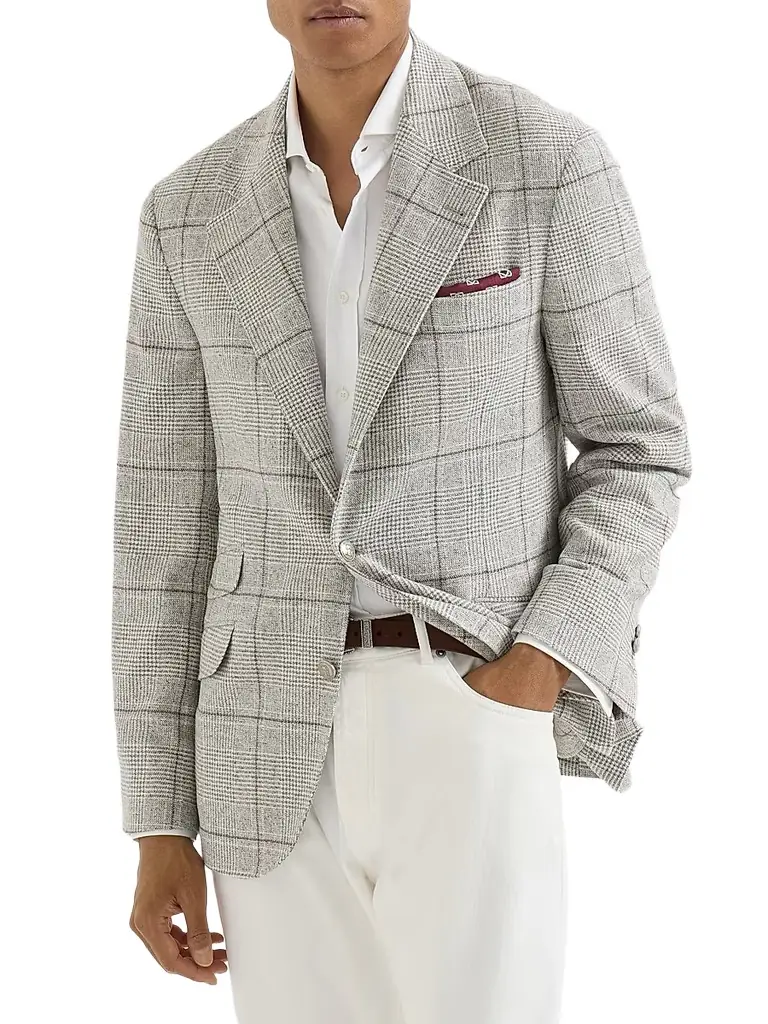 Brunello Cucinelli Men's Prince of Wales Flannel Deconstructed Cavallo Blazer - Grey