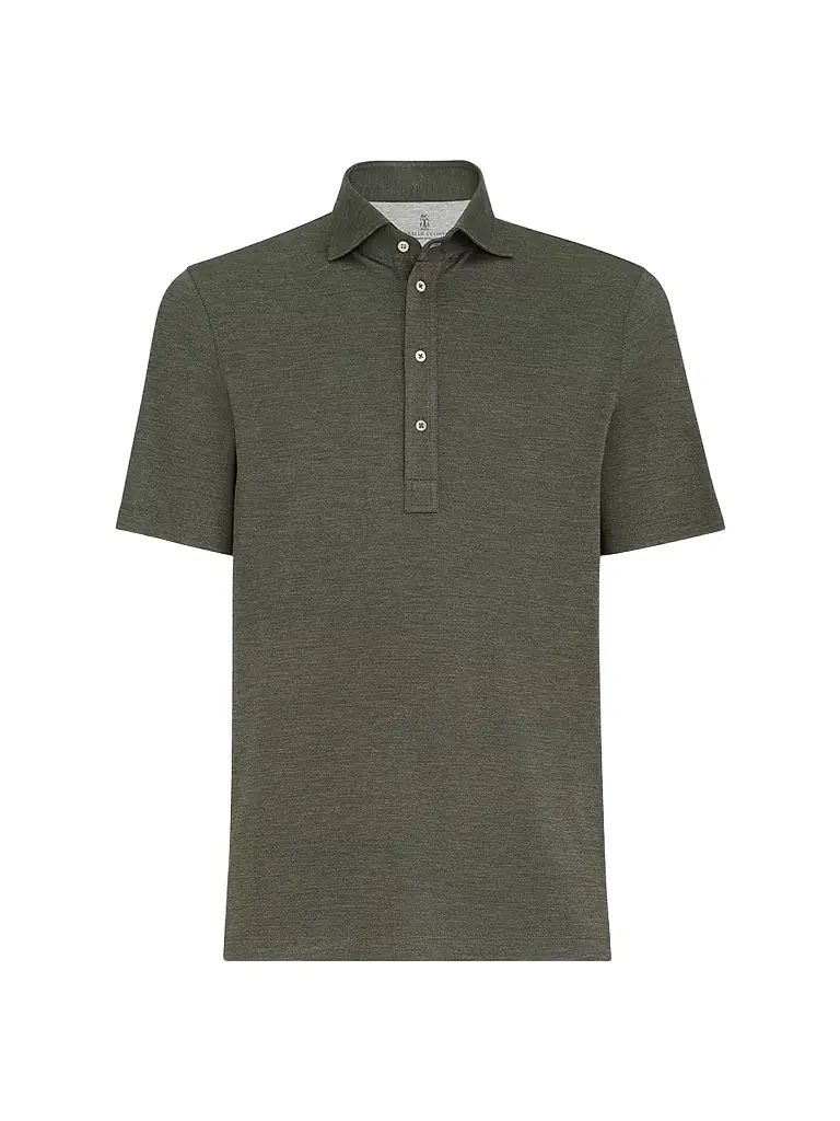 Brunello Cucinelli Men's Virgin Wool, Silk and Cotton Piqué Polo Shirt - Military