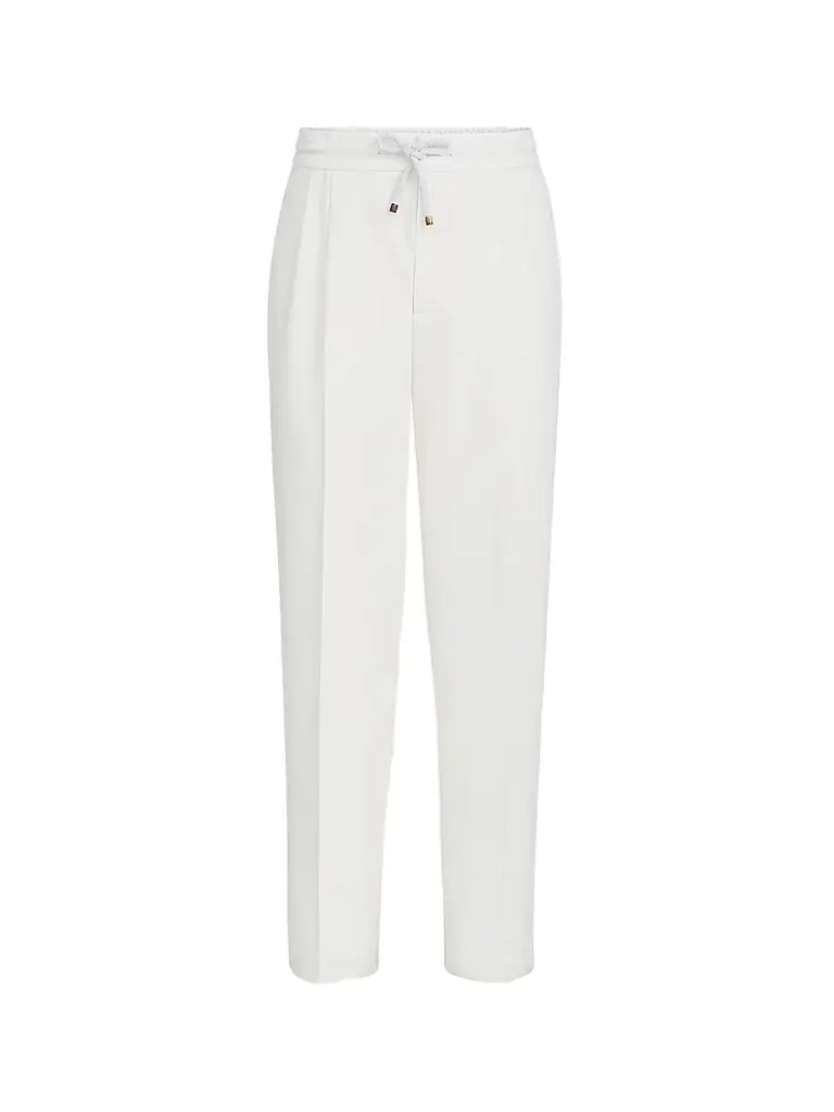Brunello Cucinelli Men's Cotton Gabardine Trousers with Drawstring and Double Pleats - Snow