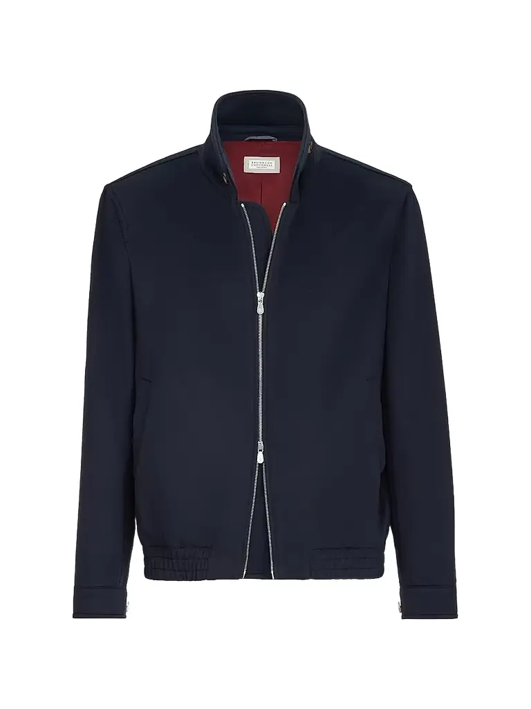 Brunello Cucinelli Men's Virgin Wool Beaver Cloth Bomber Jacket with Zipper - Navy Blue