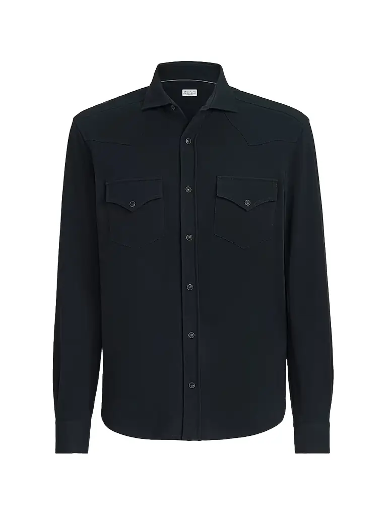 Brunello Cucinelli Men's Cotton Piqué Western Shirt - Navy Blue