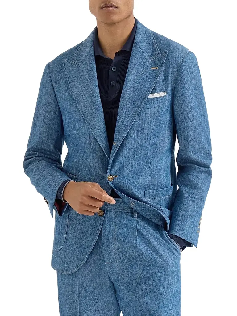 Brunello Cucinelli Men's Lightweight Denim Deconstructed Peak-Lapel Blazer - Medium Denim