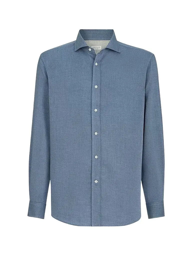 Brunello Cucinelli Men's Cotton and Cashmere Denim-Effect Diagonal Shirt - Denim