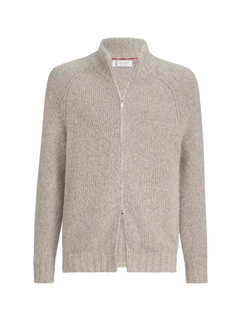 Brunello Cucinelli Men's Cashmere and Silk High-Neck Cardigan - Beige