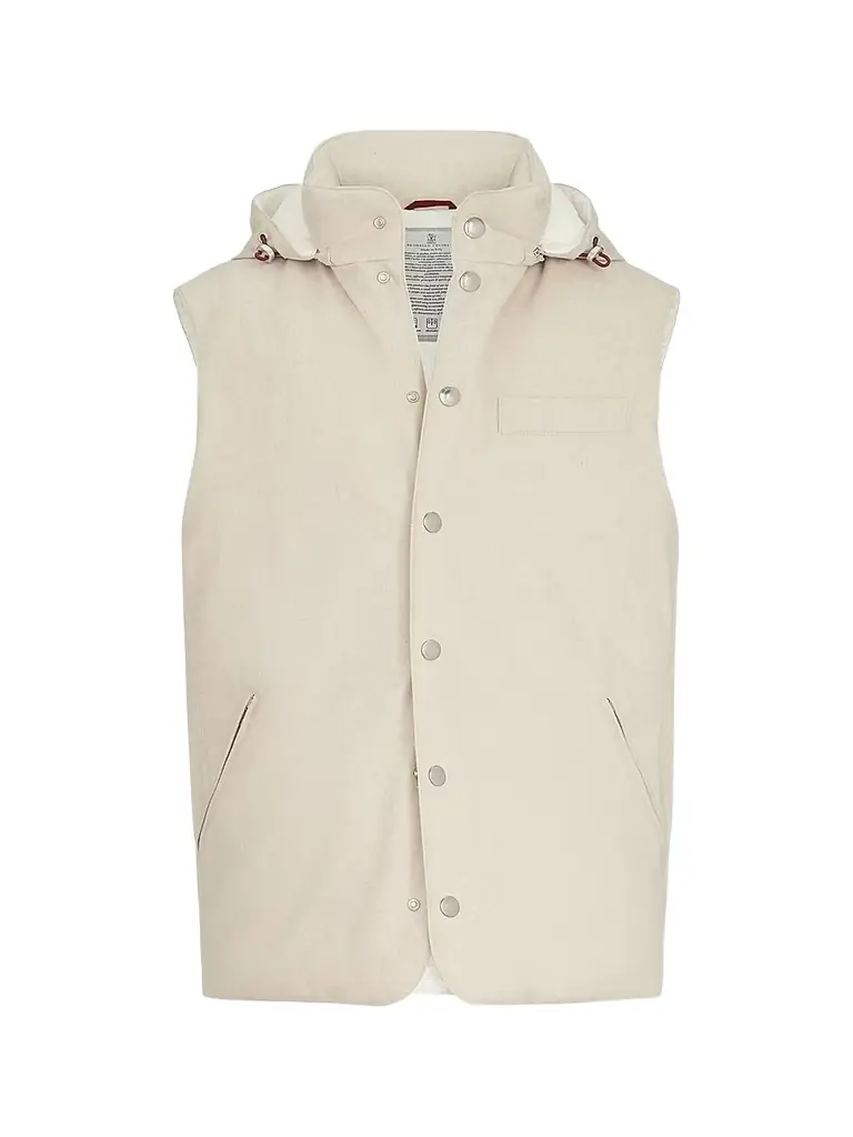 Brunello Cucinelli Men's Bonded Wool Flannel Down Vest with Detachable Hood - Sand - Women's Clothing