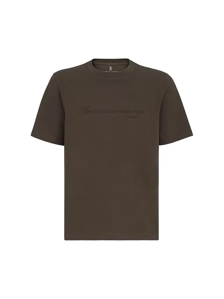 Brunello Cucinelli Men's Cotton Jersey Crew-Neck T-Shirt with Embroidery - Brown