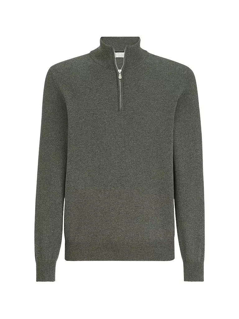 Brunello Cucinelli Men's Cashmere Sweater with Half Zip - Green