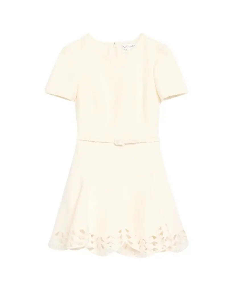 Oscar de la Renta Short-Sleeve Cutout-Hem Tweed Mini Dress With Belt