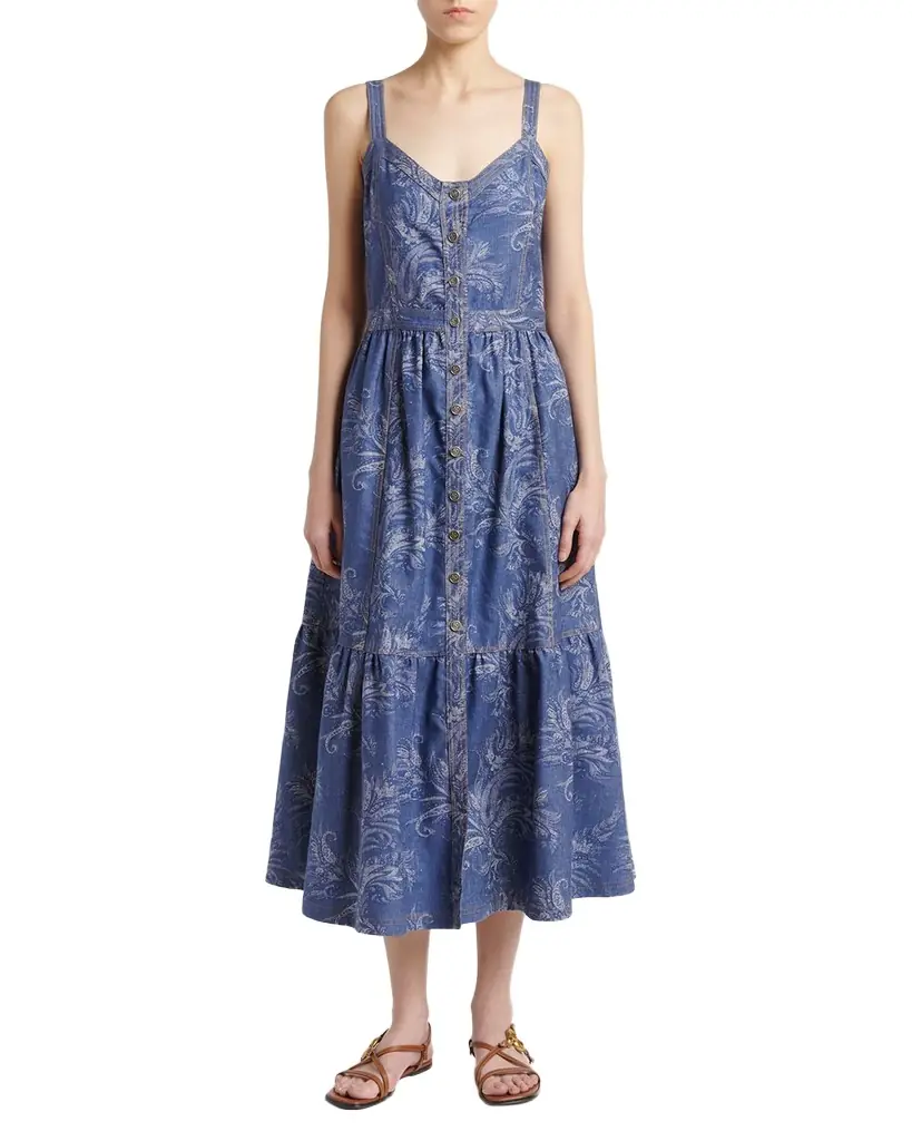 Etro Paisley Denim Jacquard Tiered Button-Front Midi Dress