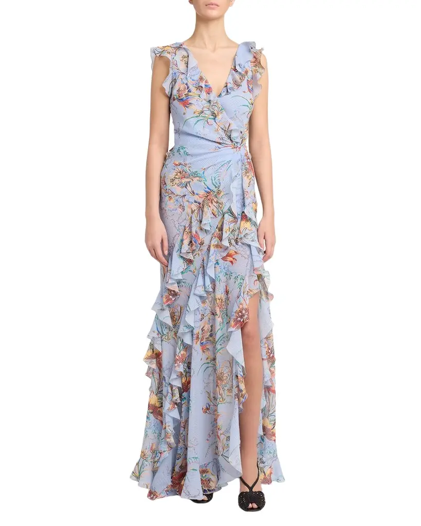 Etro Floral-Print Seersucker Ruffled Slit Maxi Dress