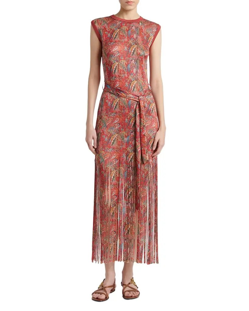 Etro Sleeveless Paisley-Print Knit Fringed Midi Dress