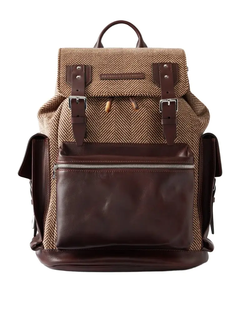 Brunello Cucinelli Leather-Trimmed Herringbone Canvas Backpack - Men