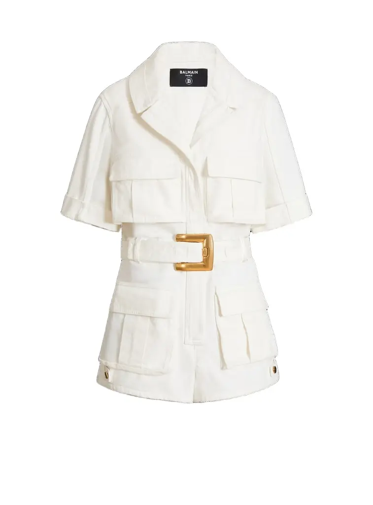 Balmain Belted denim playsuit