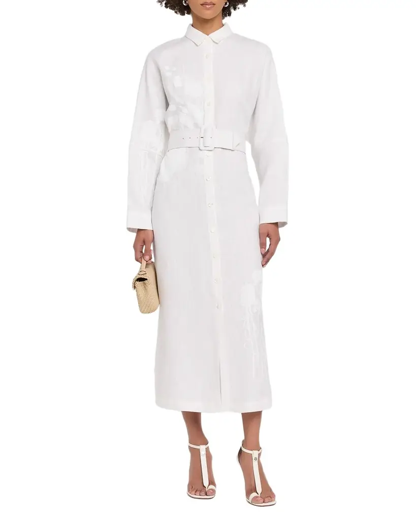 Libertine White On White Hand Silk Screen Belted Linen Shirtdress