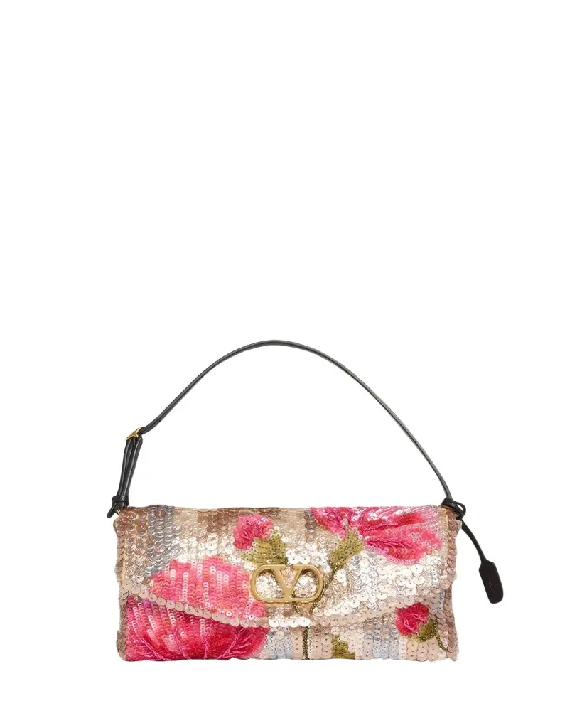 Valentino Garavani Devain Floral Sequin Silk Satin Top-Handle Bag