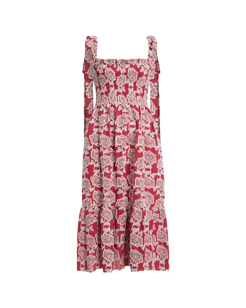 Erdem Floral Embroidered Cotton Smocked Sleeveless Midi Dress - Women's Clothing