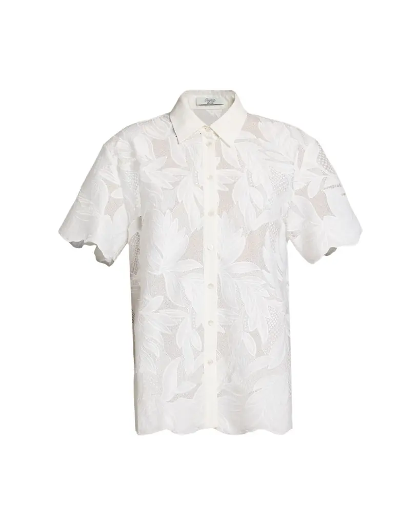 Erdem Floral Cutwork Cotton Short-Sleeve Button-Down Shirt