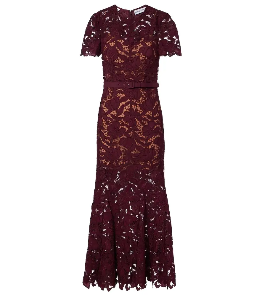 Self-Portrait Belted floral guipure lace midi dress
