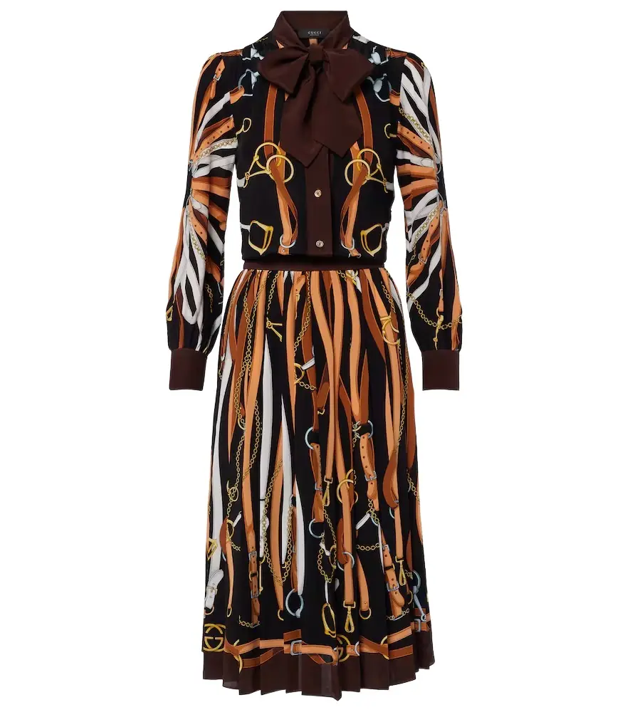 Printed tie-neck silk shirt dress