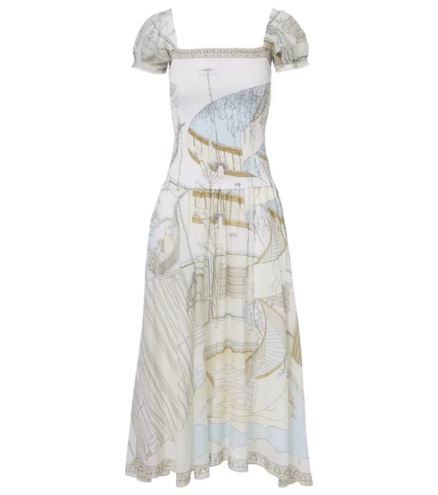 Tory Burch Printed shirred silk and cotton midi dress