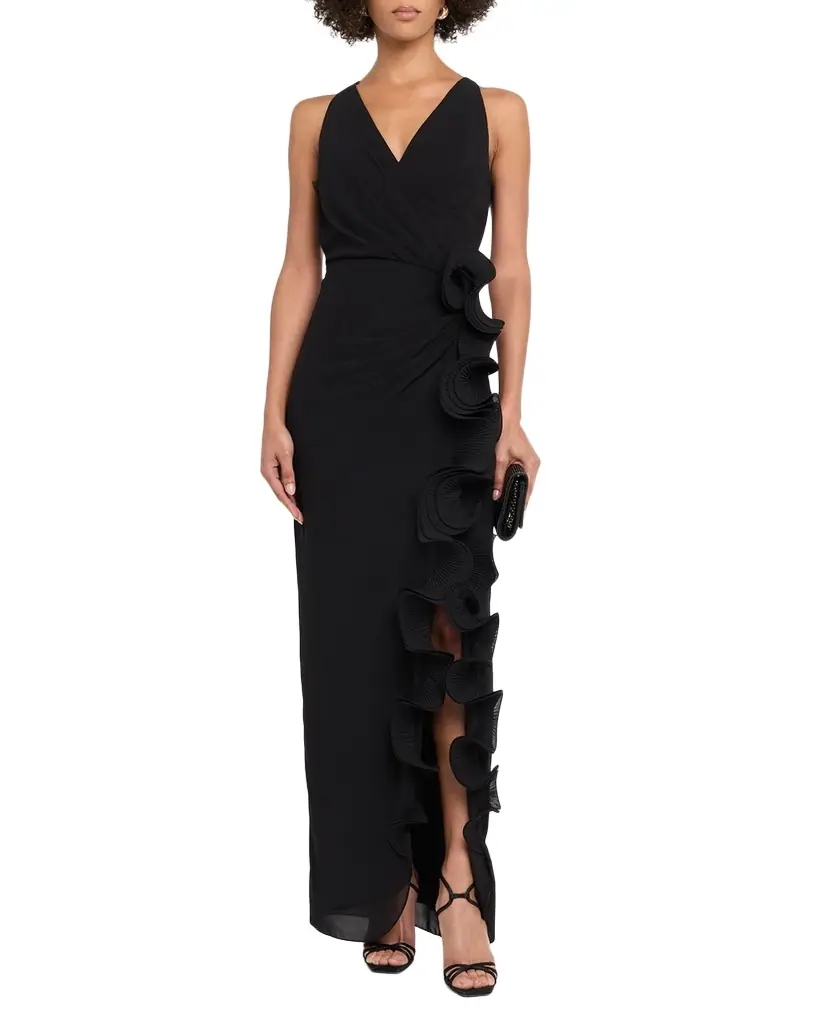 Badgley Mischka Ruffle-Trim Georgette Column Gown