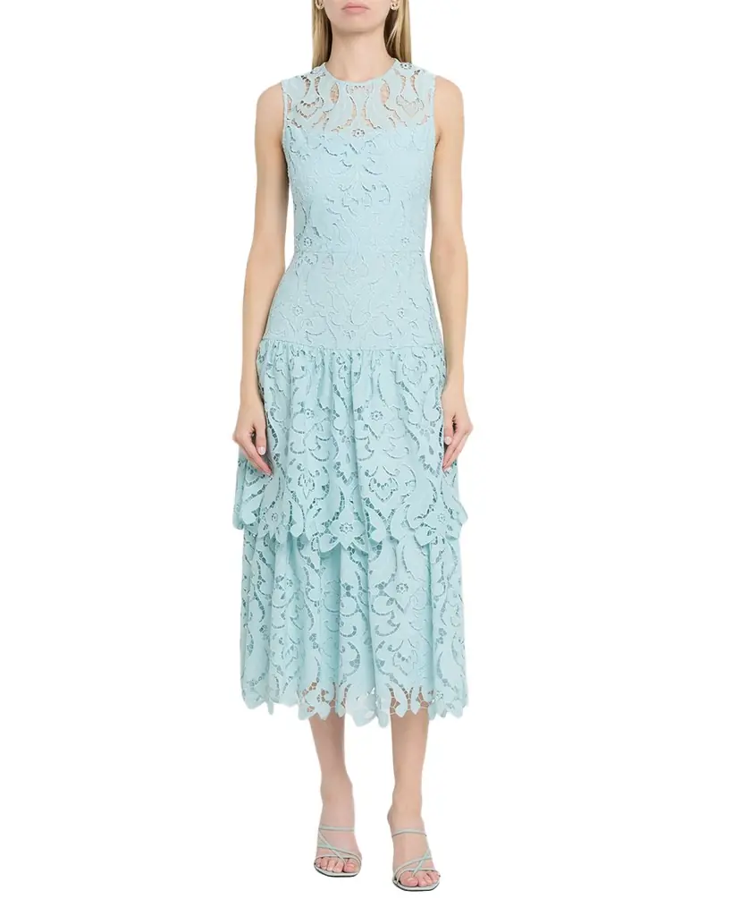 Shoshanna Mia Sleeveless Tiered Lace Midi Dress