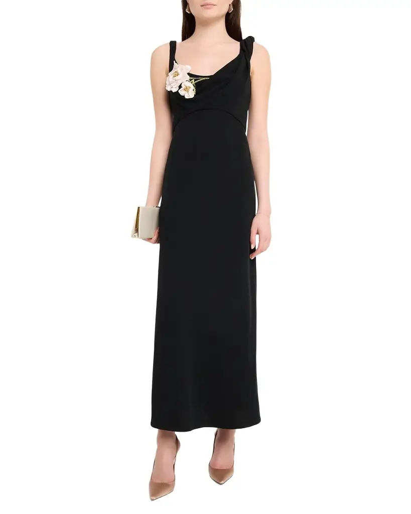 Lela Rose 3D Peony Embroidered Fluid Crepe Twist Detail Dress