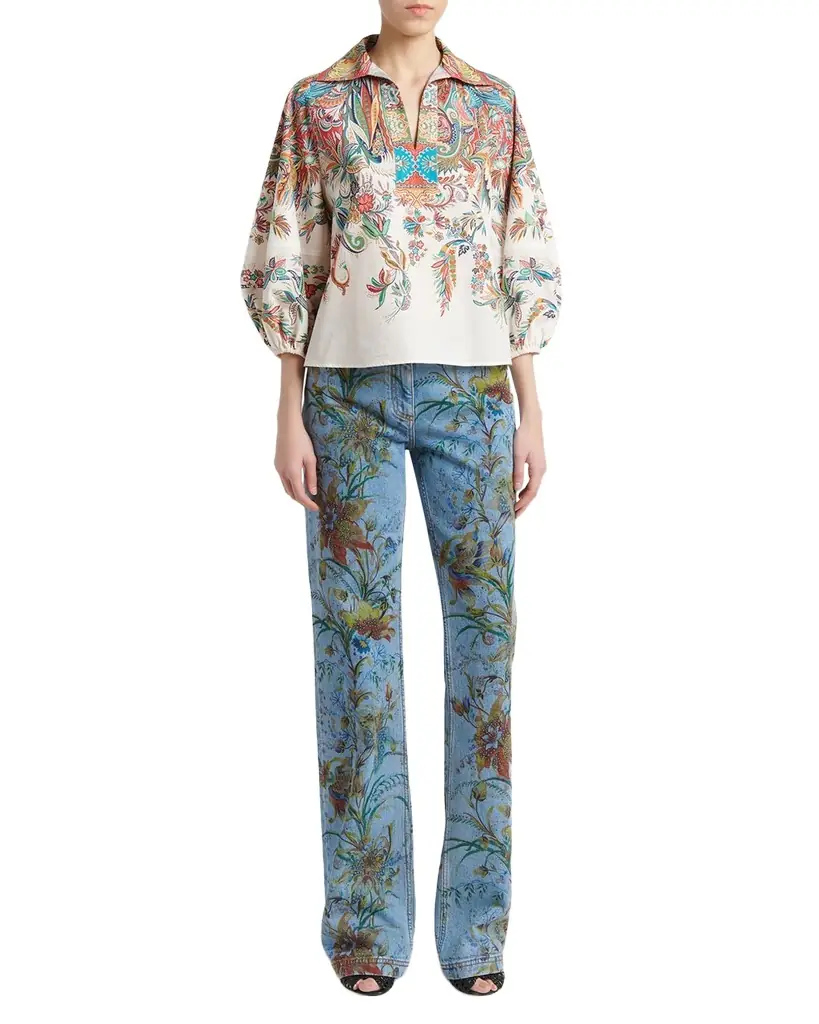 Etro Paisley-Print Balloon-Sleeve Collared Shirt