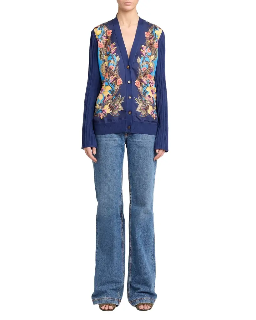 Etro Paisley Silk And Wool Rib V-Neck Cardigan