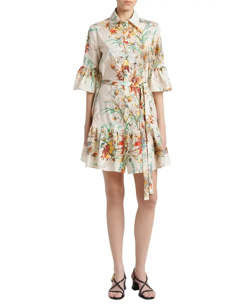 Etro Floral-Print Cotton Ruffle-Sleeve Mini Shirtdress