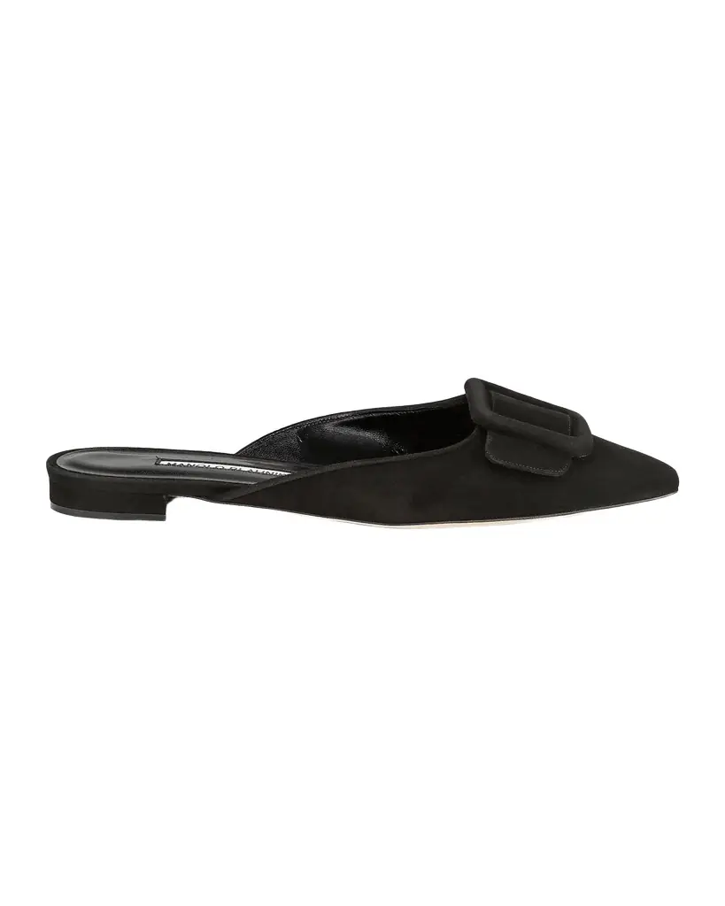 Manolo Blahnik Maysale Suede Buckle Ballerina Mules