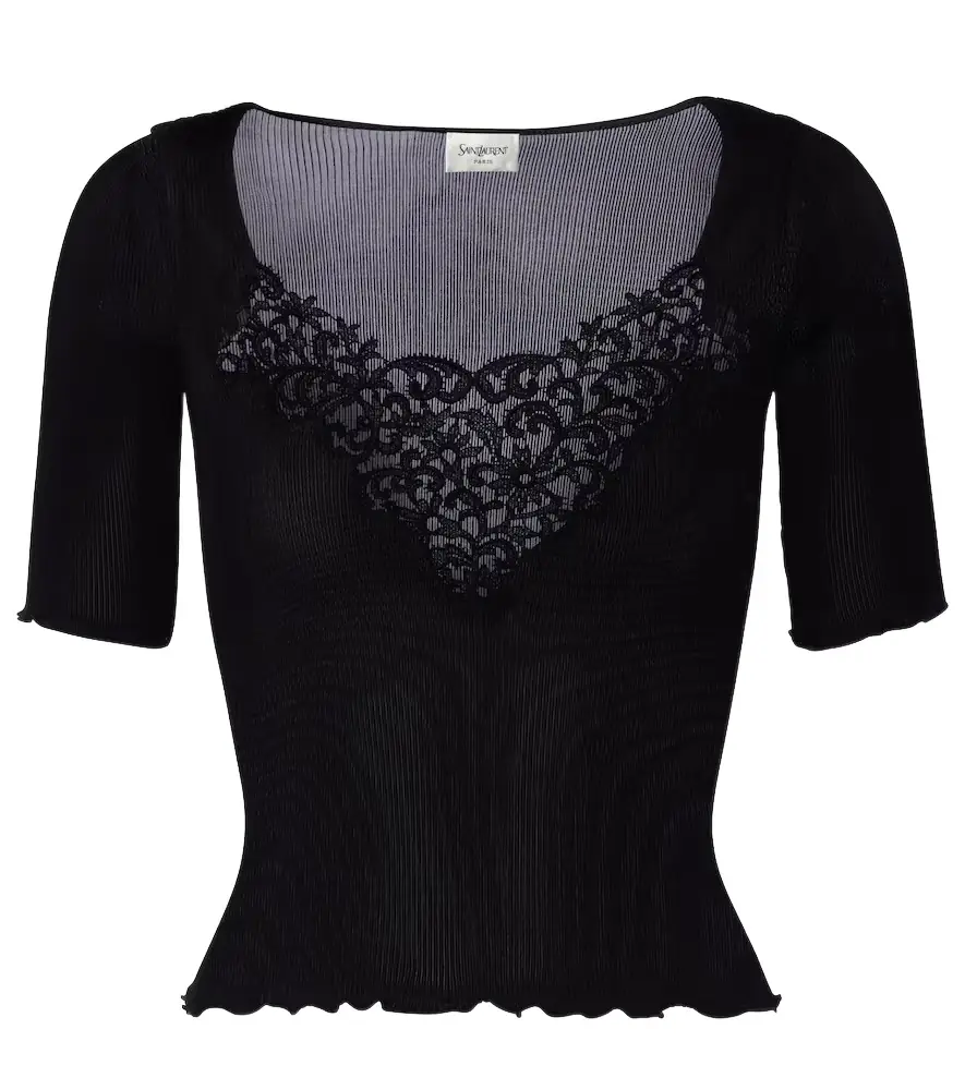 Saint Laurent Lace-trimmed ribbed-knit silk top