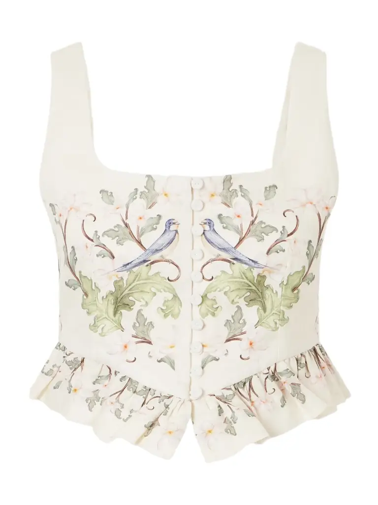 Agua by Agua Bendita Eslabon Anhelo Floral-print Button-embellished Linen Cropped Top