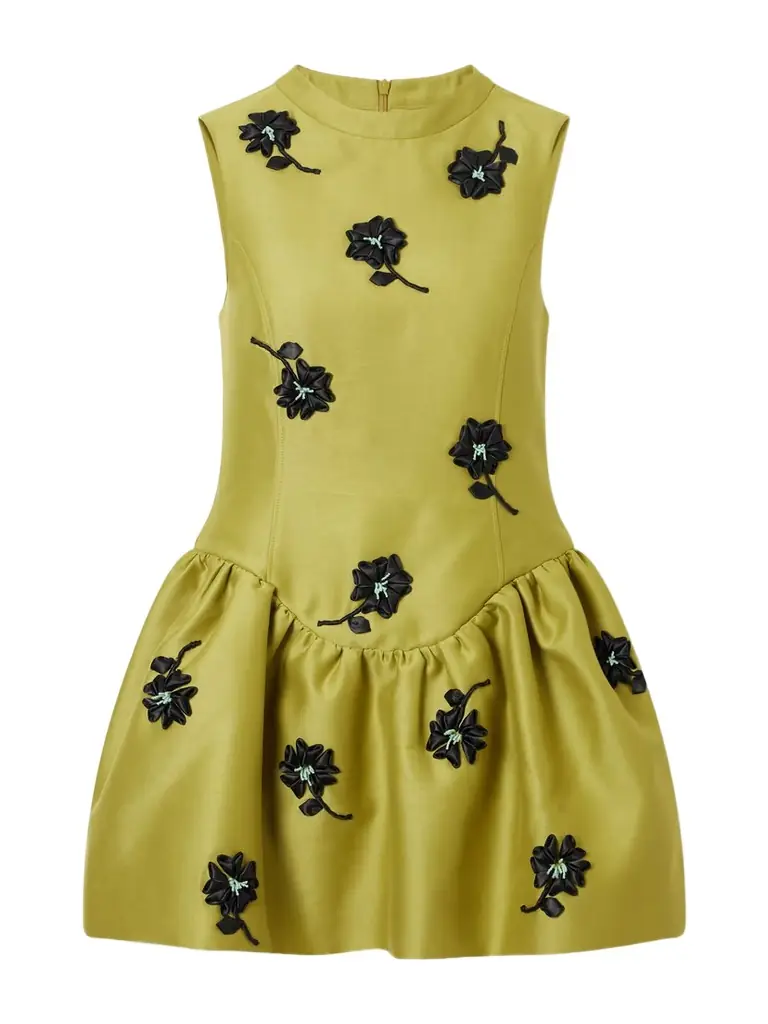 SHUSHU/TONG Floral-appliqué Gathered Satin Mini Dress