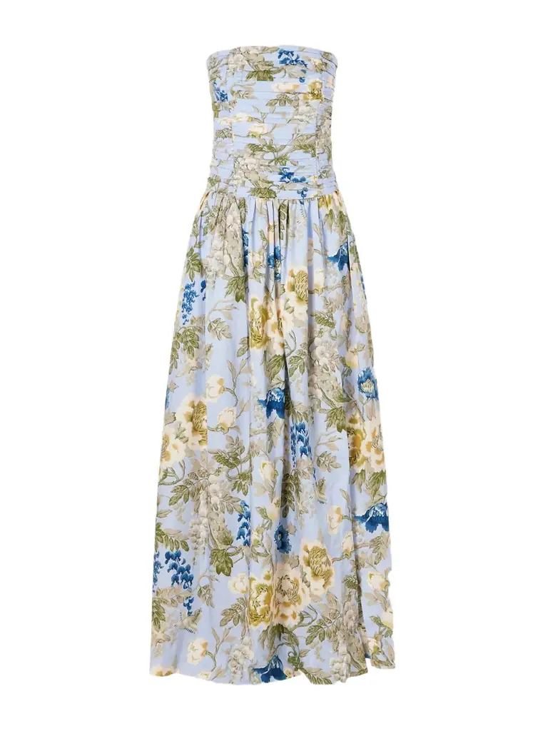 Cara Cara Montreal Strapless Pleated Floral-print Cotton-poplin Maxi Dress