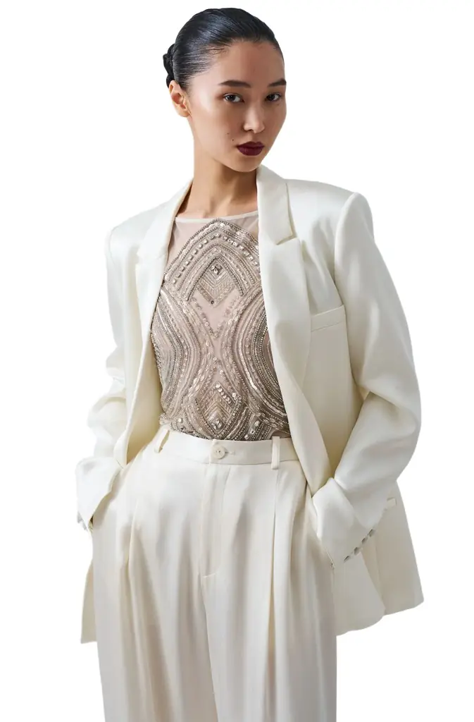 LAPOINTE Mosaic Crystal Embroidery Sleeveless Bodysuit