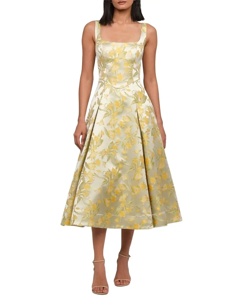 Theia Julie Basque-Waist Pleated Jacquard Midi Dress