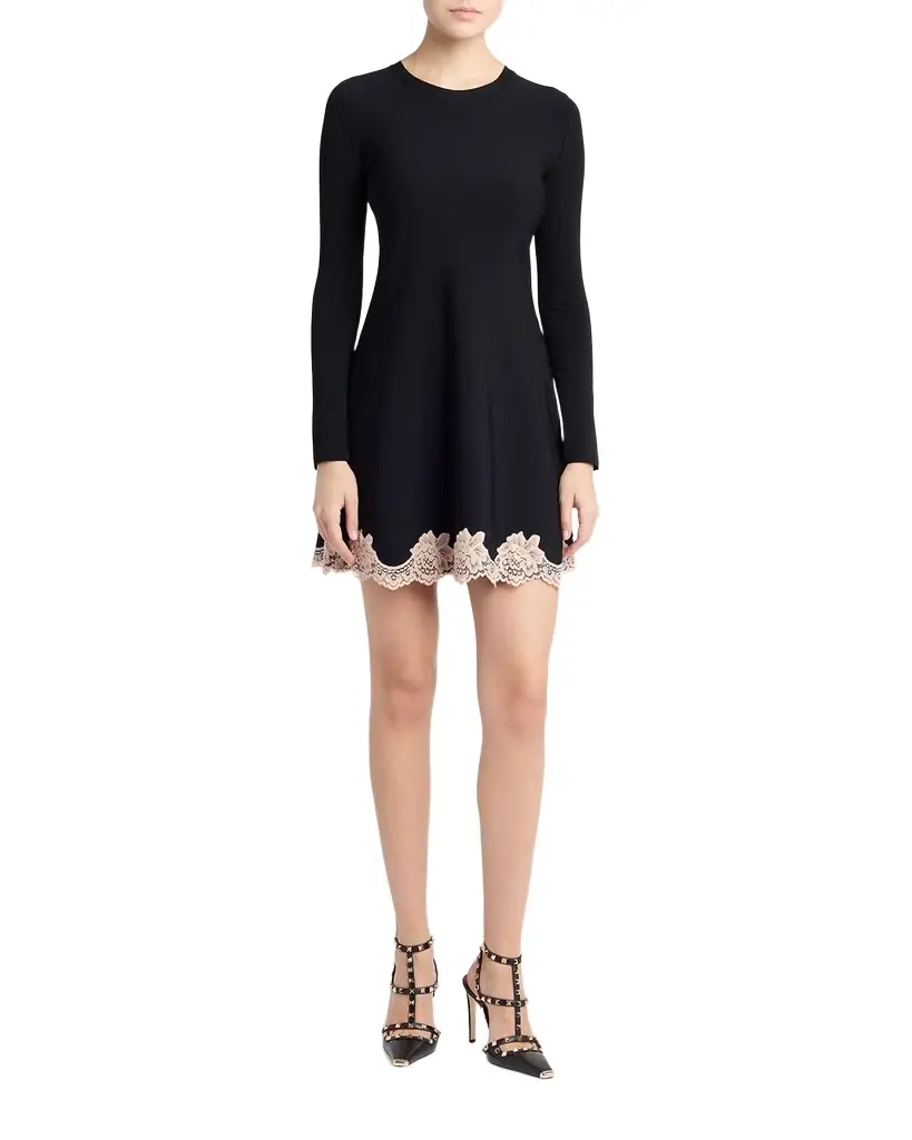 Valentino Garavani Lace-Trim Long-Sleeve Knit Mini Dress