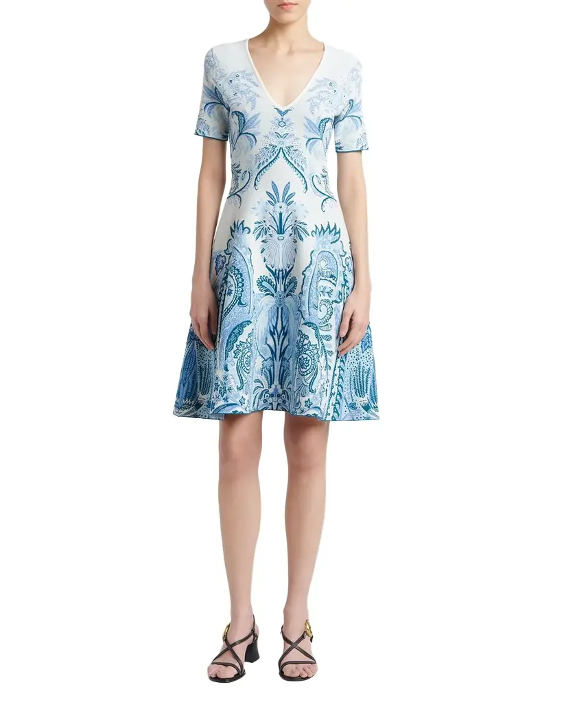 Etro Leafy Paisley Jacquard Short-Sleeve A-Line Dress