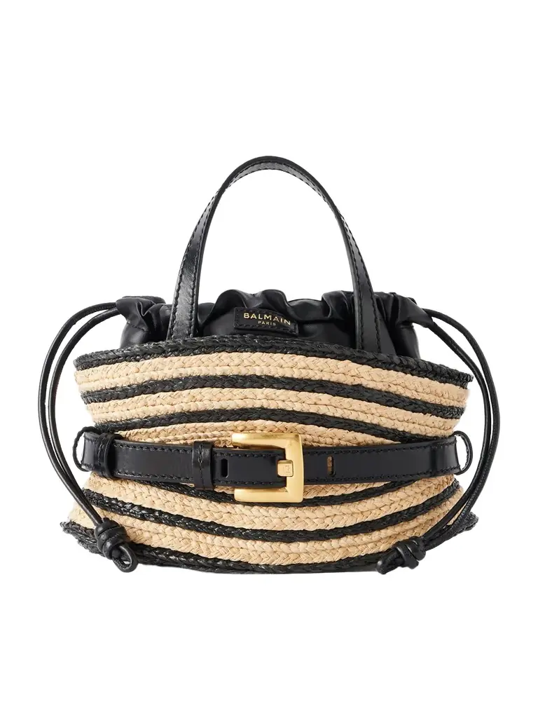 Balmain Shuffle Mini Buckled Leather-trimmed Raffia Shoulder Bag