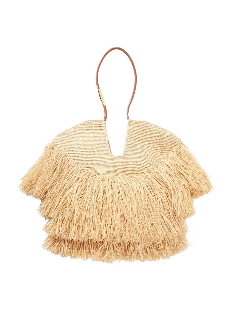 Goldentime Medium Fringed Leather-trimmed Raffia Tote