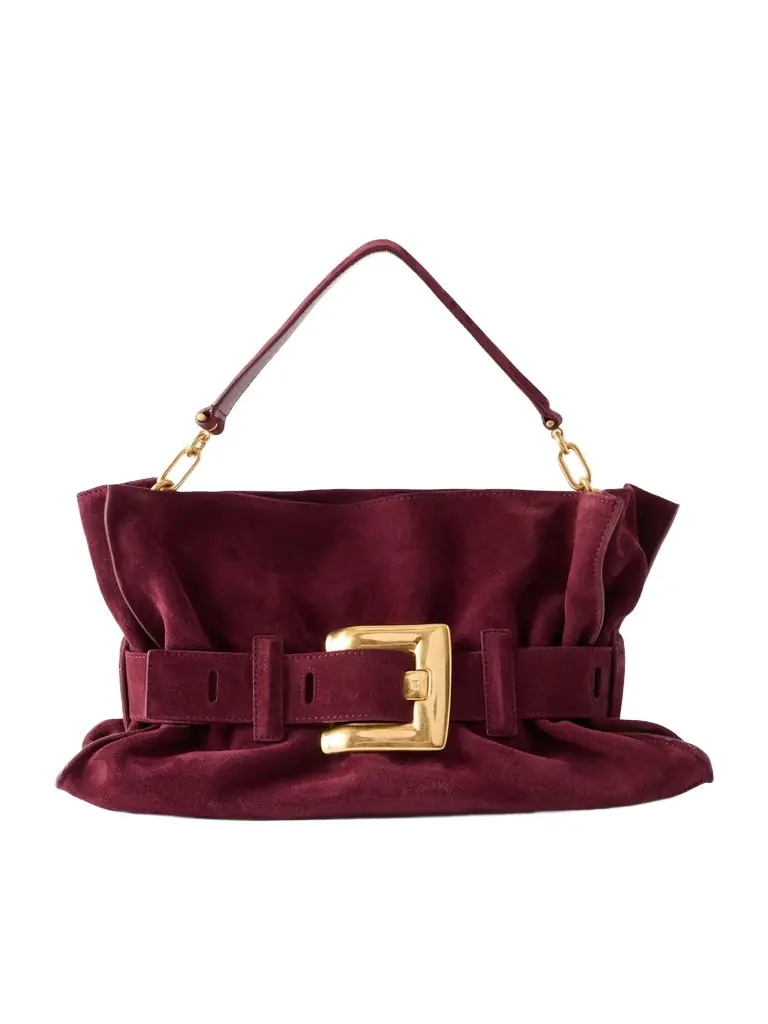 Balmain Anthem Buckled Suede Shoulder Bag