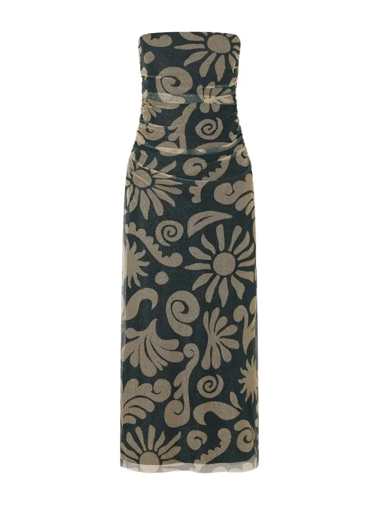 Cala de la Cruz Daphne Ruched Printed Mesh Midi Dress