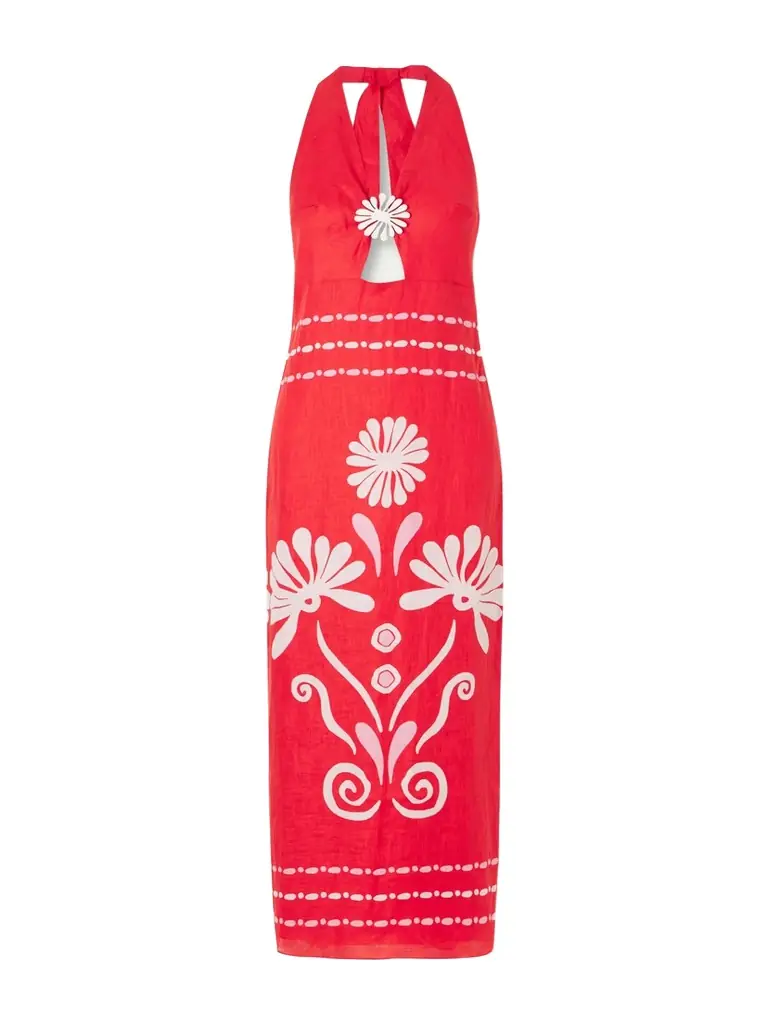 Cala de la Cruz Orly Embellished Cutout Printed Linen Maxi Dress