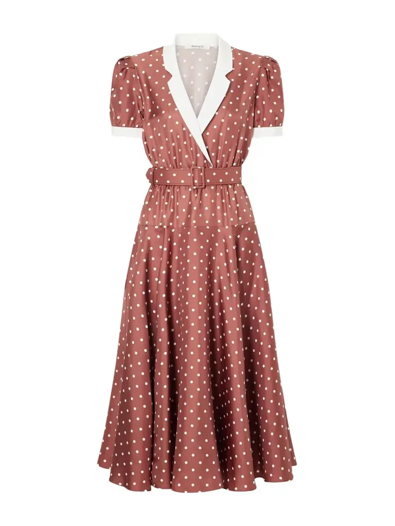 Rodarte Belted Pleated Polka-dot Crepe-trimmed Silk-twill Midi Dress