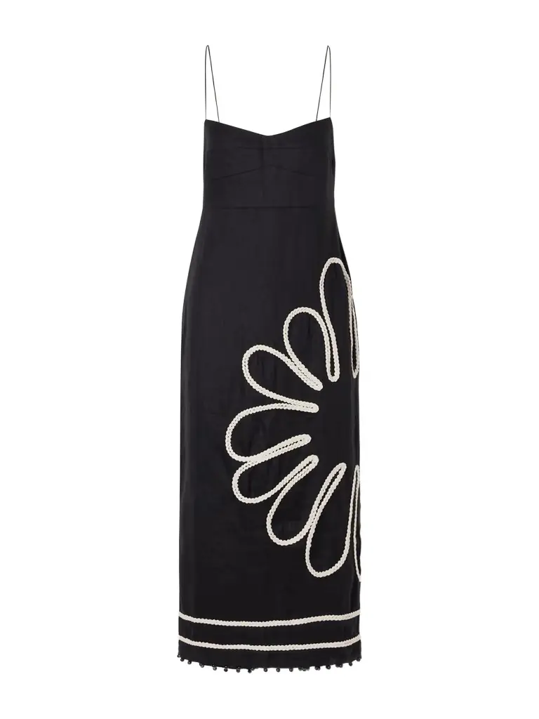 Cala de la Cruz Paloma Bead-embellsihed Embroidered Linen Midi Dress