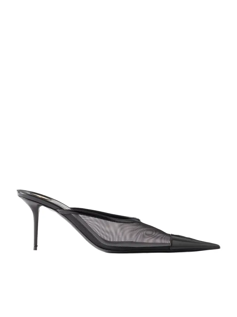 Saint Laurent Renée Cassandre-embroidered Patent Leather-trimmed Mesh Mules