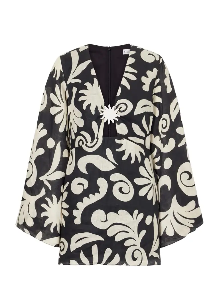 Cala de la Cruz Vera Embellished Cutout Printed Linen Mini Dress