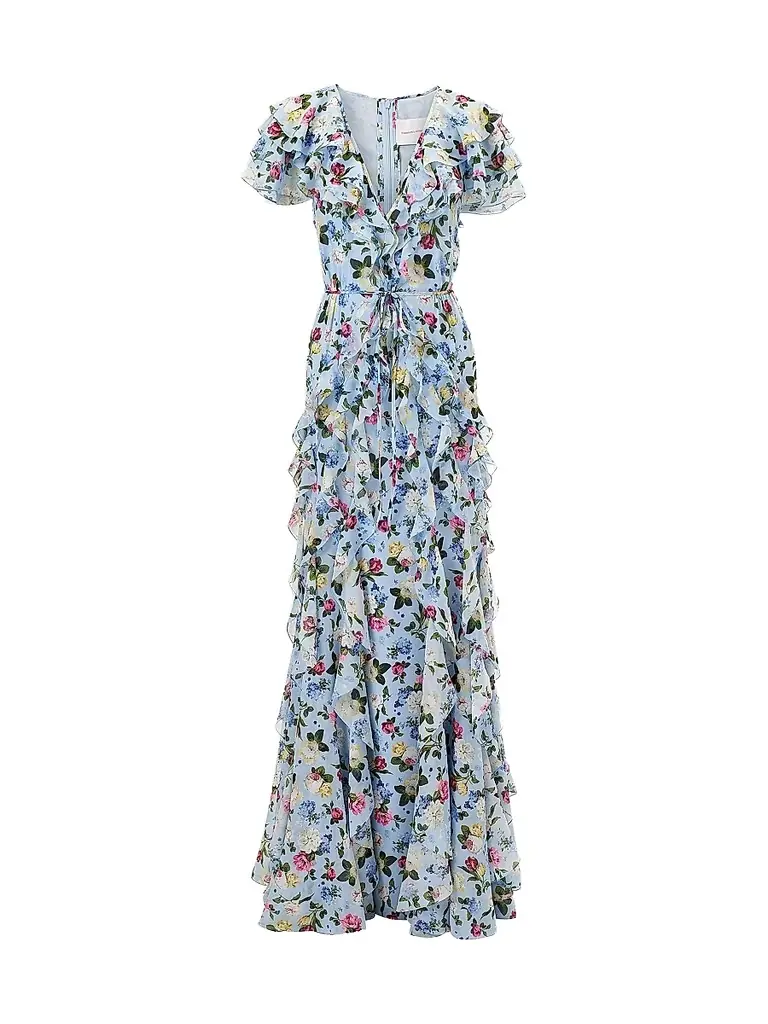 Carolina Herrera Women's Cabana Ruffled V-Neck Short-Sleeve Maxi Dress - Cloudy Blue Multi